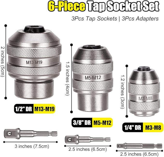 Topec Tap Sockets, 6-Piece Tap Socket Set, Extraction Tool, CR-MO Steel, Adjustable Handle with Metric M3-M19 Sockets & 1/4"-3/8"-1/2 Imperial Adapters