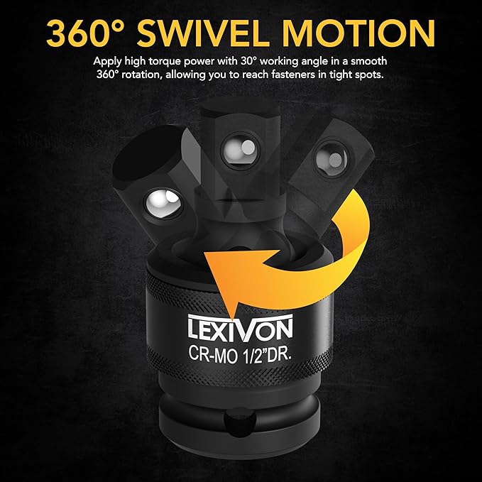 LEXIVON Premium Impact Universal Joint Socket Swivel Set | 3-Piece Ball Spring Design 1/2", 3/8", and 1/4" U-Joint Drive | Cr-Mo Steel - Full Impact Grade (LX-113)