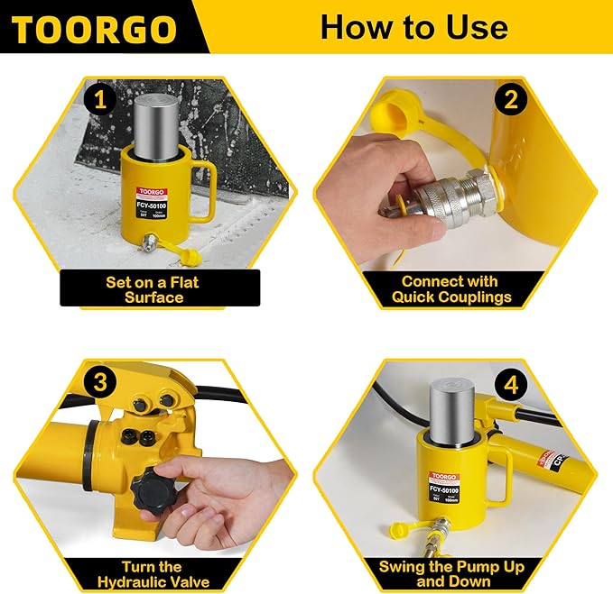 50T 4Inch Stroke Porta Power Single Acting Lifting Cylinder for Shipbuilding, Machinery and Industry,Automatically Retract Split Hydraulic Cylinders Jacks, Yellow