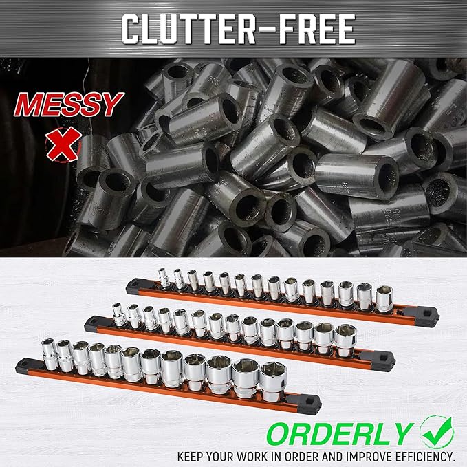 ALOANES 1/4-Inch Drive Magnetic Socket Organizer, Heavy Duty Aluminum Socket Rail Organizer, 360째 Swivel Clips Socket Rail Set For Sockets Storage, 1/4-Inch Socket Holder x 14 Clips (Orange)