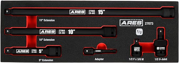 ARES 27073-6-Piece 1/2-Inch Drive Impact Socket Accessories Set ??Premium Chrome Moly Steel Universal Joint, Adapters, and Wobble Extensions ??Laser Engraved Size Markings