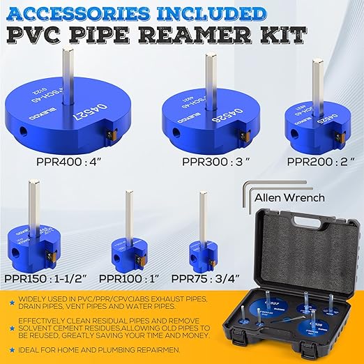6PCS PVC Pipe Reamer Kit - SCH40 Aluminum Deburring Tool Kit (3/4" to 4") | Dual-Blade Technology | Deburring Tool for PVC & ABS Pipes | Fits Standard 1/2" Drills
