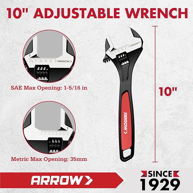 ARROW 10-Inch Adjustable Wrench, Cr-V Steel, Wide Jaw Black Oxide Wrench with Inch/Metric Laser Scales, Non-Slip Grip & Hanging Hole, for Home, Garage, Workshop and DIY