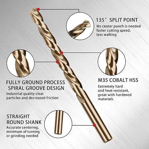 15Pcs Cobalt Drill Bit Set, M35 HSS, SAE (1/16" - 3/8"), 135째 Tip, Twist Jobber Length Drill Bit Kit for Hardened Metal, Stainless Steel, Cast Iron, Plastic and Wood, Indexed Storage Case