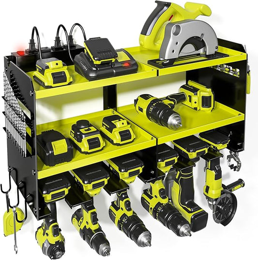 Power Tool Organizer, 15 Min Quick Assembly & Max 420lb Load by Heavy Duty Metal, 6 Slots for Cordless Drill with 4 Outlet Power Strip in Garage/Workshop/Suitable for Thanksgiving/Christmas