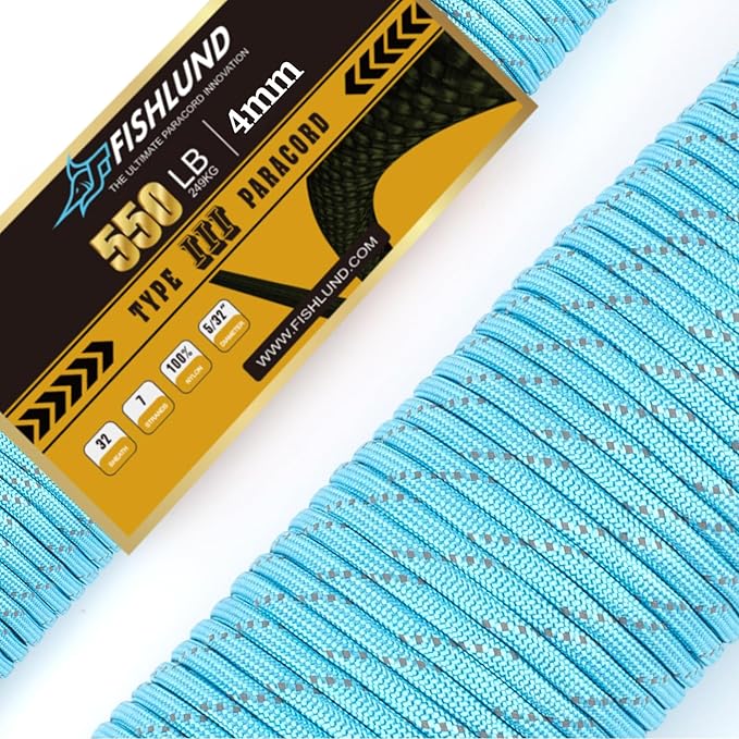 Reflective Paracord 550 lb, 7 Strand Paracord Rope 250ft 4mm, Nylon Parachute Cord for Camping, Lake Blue