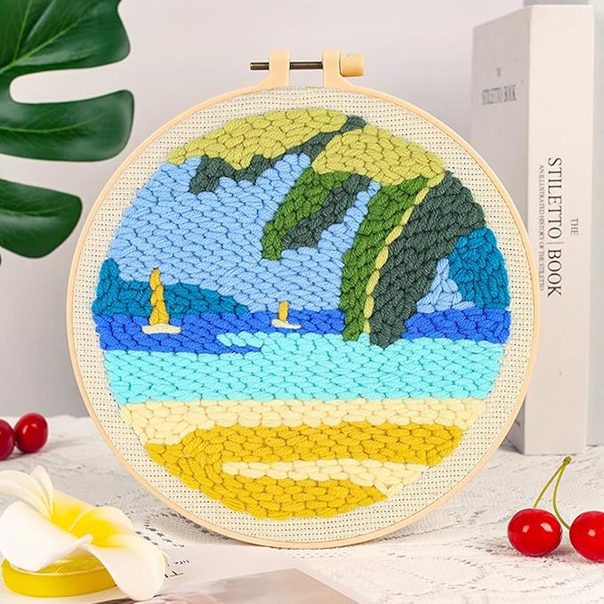 Woohome Punch Needle Kit Included Plastic Hoops, Punch Needle Cloth, Color Yarn and Punch Needle Tools for Adults, Beginners (Lighthouses, Sailboats, Blue Sky)