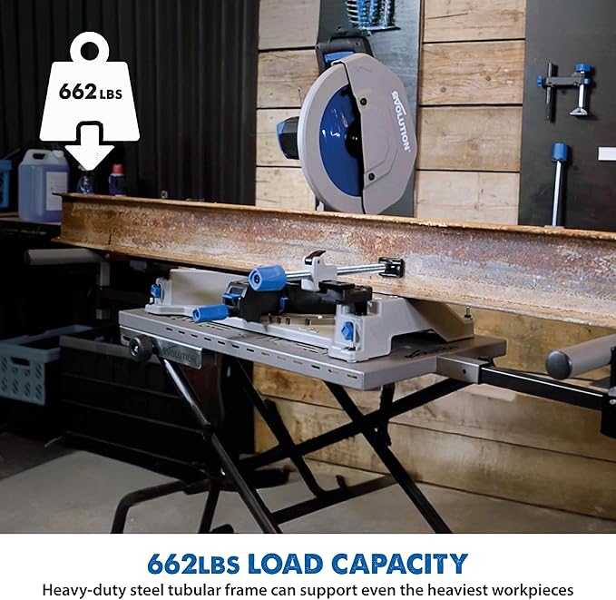 Evolution MCSSTAND | Mitering Chop Saw Stand with Powerlift Assist | Heavy-Duty Steel Frame | All-Terrain Wheels | Compatible with Evolution S14MCS, S355MCS, S355CPSL, S14CPS, S15CPS | Gas-Strut Lift