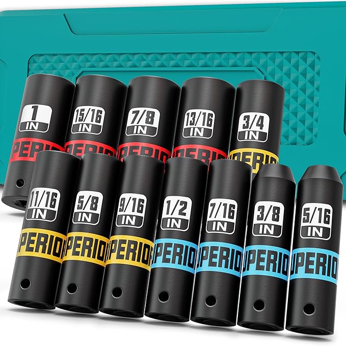 12 Piece 3/8" Drive Impact Socket Set, 5/16??to 1??Deep Socket, SAE, 6 Point, CR-V, Automotive Motorcycle and Bicycle Maintenance, Machinery Manufacturing