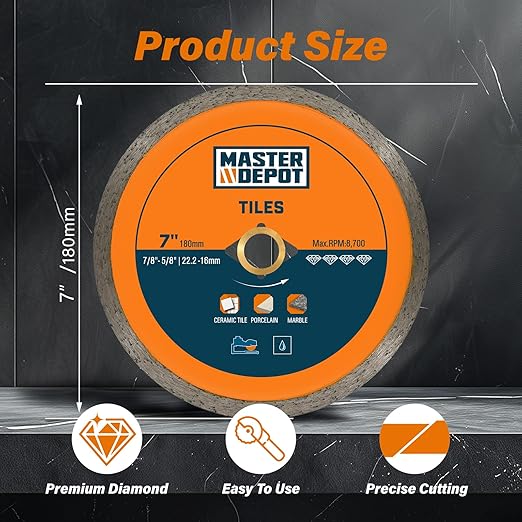 7" Continuous Rim Diamond Blade, Cutting Blade for Ceramic and Granite Tiles, Wet Cutting Blade with 7/8" Arbor Hole (3 Pack)