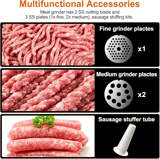 Commercial Meat Grinder, ETL Certified Meat Mincer, Heavy Duty Sausage Stuffer, Peak Power 3150W, with S.S. Blade, Multi Size Grinding Glates & Sausage Stuffer Tube, for Catering, Restaurant