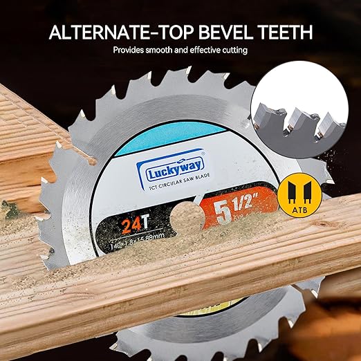 Luckyway 5-1/2 Inch 24T with 5/8 Inch Arbor TCT Circular Saw Blade 2-Pack General Purpose and Trimming Saw Blade, Cordless Trim Saw Blade for Cutting Wood(1/2-Inch and 10-mm Reducer Bushings Include)