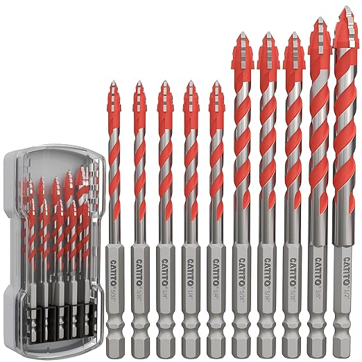 CATITO Multi-Tooth Concrete Drill Bit Set - 10PCS - red, Multi-Tooth Masonry Drill Bit, Carbide Tipped, Hexagonal Shank Drill bit, Glass, Brick, Ceramics, Plastic and Wood