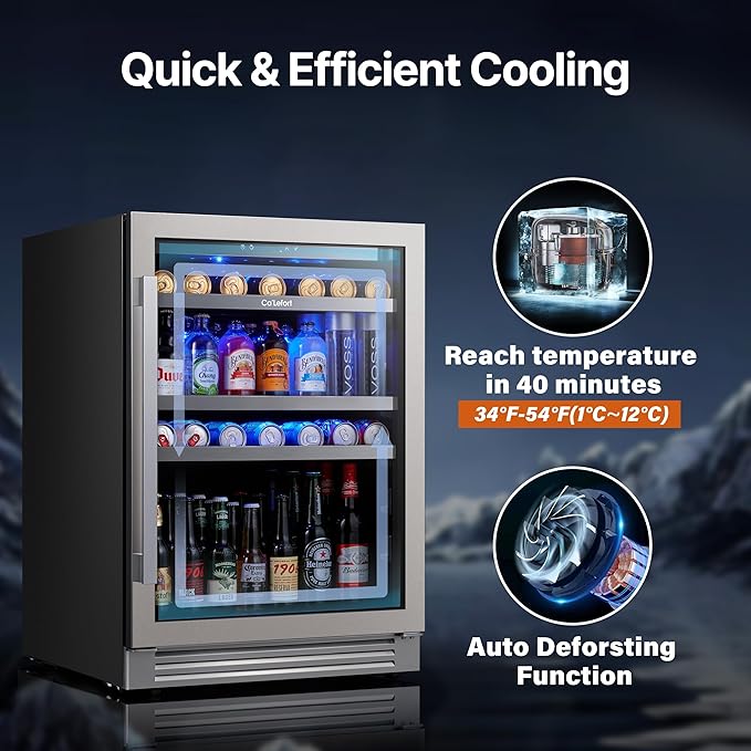Ca'Lefort 24 Inch Beverage Refrigerator - 180 Can Beverage Fridge with 34째-54째F, Built in or Freestanding Beverage Cooler with Glass Door and 3 LED, Drink Fridge for Home/Kitchen(5.65 cu.ft)