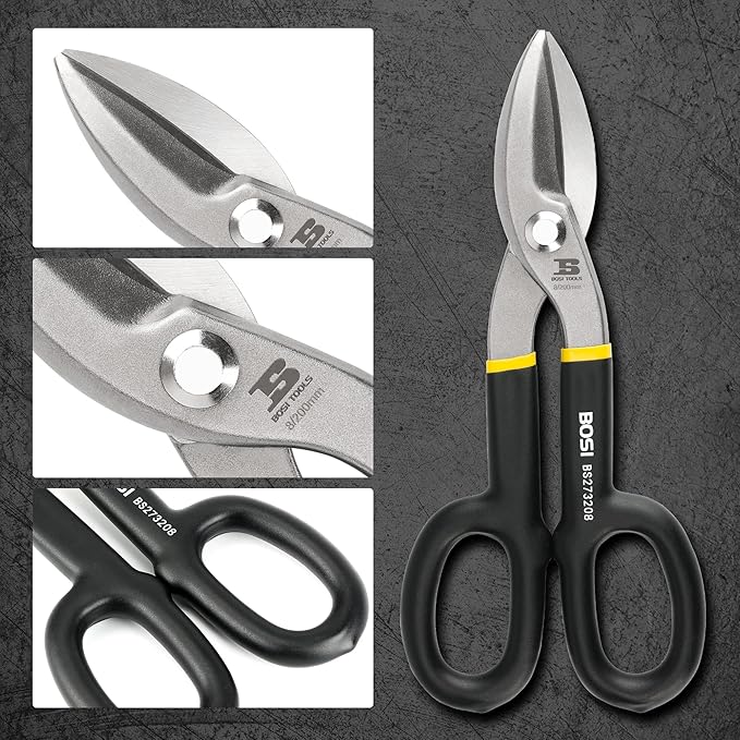 8 Inch Straight Pattern Tin Snips Metal Cutters, High Strength Forged and Heat Treated Carbon Steel with Comfortable Black Rubber Handle
