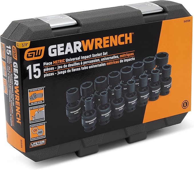 GEARWRENCH 15 Piece 3/8inch Drive 6 Point Universal Impact Socket Set, Metric - 84918N (Pack of 6)