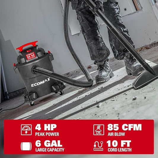 ECOMAX Wet Dry Vacuum 6 Gallon, 4 HP 85 CFM 3-in-1 Shop Vac with Suction/Blow/Wet Dry Function, Heavy-Duty Portable Poly Wet/Dry Vac Car Vacuum for Workshop, Jobsite, Garage and Home Cleaning