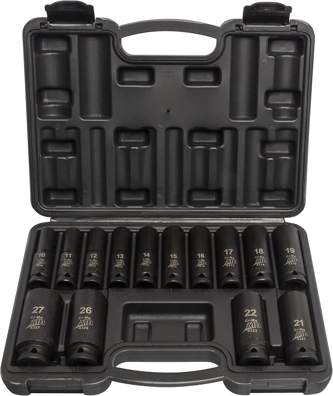 Deep Impact Metric Socket Set 1/2-Inch Drive 14 Piece with Large Visible Markings for Quick Identification, 10mm to 19mm, plus 21mm, 22 mm, 26mm and 27mm Sockets