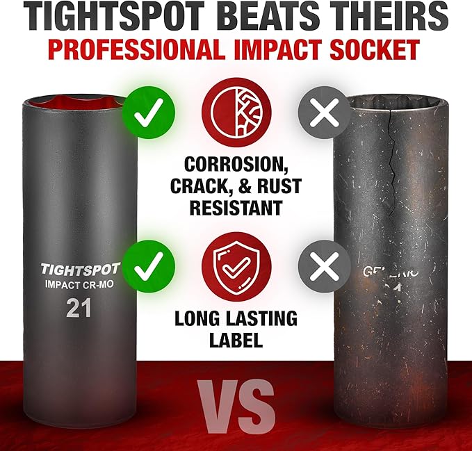 TIGHTSPOT 3/8 Inch Drive - 21 mm Deep Impact Socket with Anti-Rounding 6 Point Design, Heat-Treated CRMO Steel, Metric