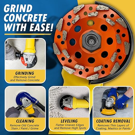 5" High Performance Diamond Grinding Wheels for Aggressive Concrete, Paint, Epoxy, Mastic & Coating Removal, #20 Grit, 18 Segments, 7/8"-5/8" Non-Threaded Arbor