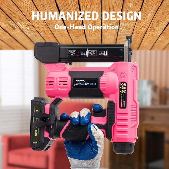 BHTOP 20V Cordless Brad Nailer竊냆tapler, 18 Gauge 2 in 1 Stapler Kit, Heavy Finish Nail Gun with 2.0A Rechargeable Battery, Charger, 2500 Brad Nails and 500 Staples in Pink