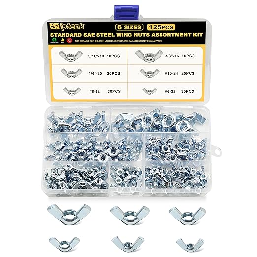 Siptenk SAE Wing Nuts 125PCS, #6-32#8-32#10-24 1/4"-20 3/8"-16 5/16"-18 Wingnuts 6 Assorted Sizes Carbon Steel Zinc Plated Butterfly Wing Nut Fasteners Hardware Assortment Kit