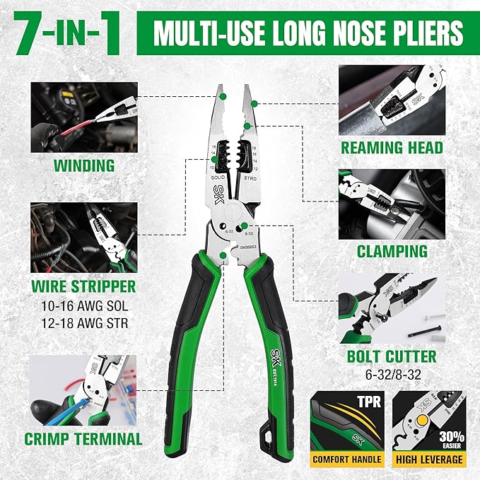 SK 3-Piece Pliers Set, 8-Inch Multi-use Noodle Nose Pliers, 7-Inch Multi-use Diagonal Pliers and 8-Inch Multi-use Linesman Pliers, CR-V Construction, Anti-slip Handle, with EVA Foam Tool Organizer