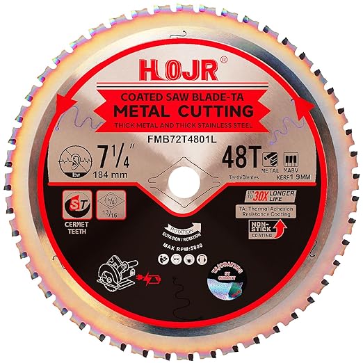 Dia 7-1/4" (184mm) 48-Tooth Arbor 5/8" Metal Cutting Circular Saw Blade, for Steel and Stainless Steel,The Cutting Head Uses a Special Anti-Heat Sticking Coating,FMB 7-1/4 inch 48-Tooth 5/8" -TA