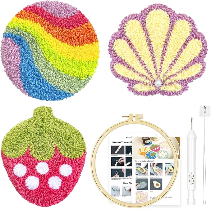 HAND U JOURNEY 3Pcs Embroidery Punch Needle Coasters Kit, Original Design with 2.2mm Punch Tool, Threads and Hoop