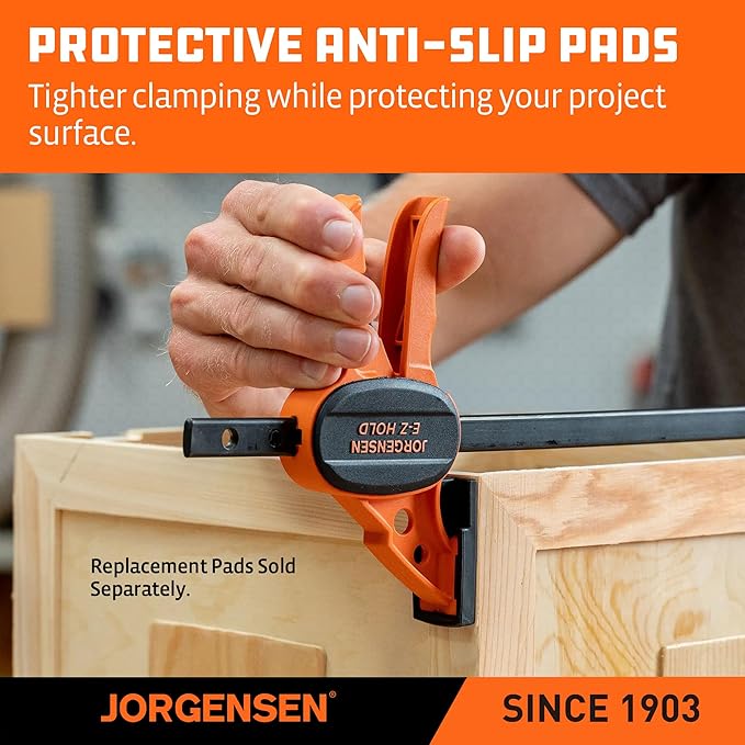 Jorgensen 6" Bar clamps for woodworking - 4-Pack, One-Hand Light Duty E-Z Hold Spreader Clamp, 150 lbs Capacity, Versatile and Easy-to-Use Design
