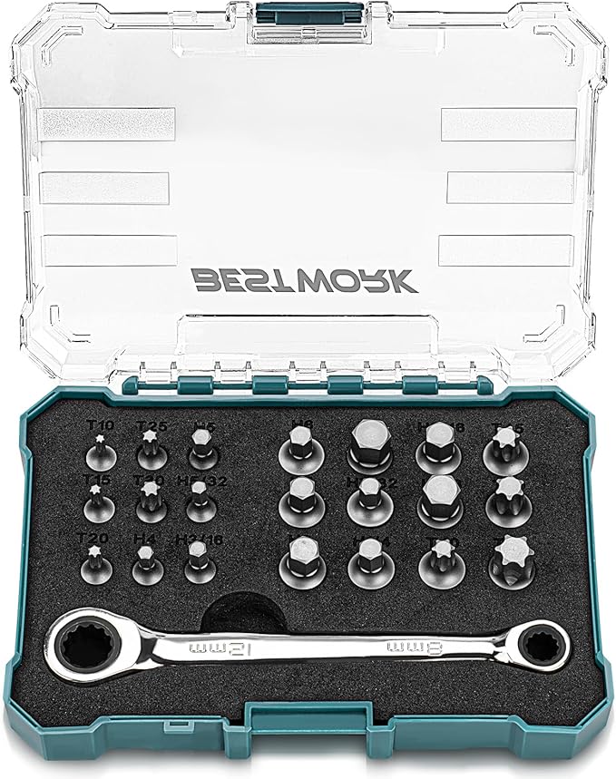 22-Piece Mini Ratchet Wrench Screwdriver Bit Set, 72 Tooth 12mm & 8mm Double Box End Ratcheting Wrench with Low Profile Insert Bits (Hex & Torx) for Tight Space