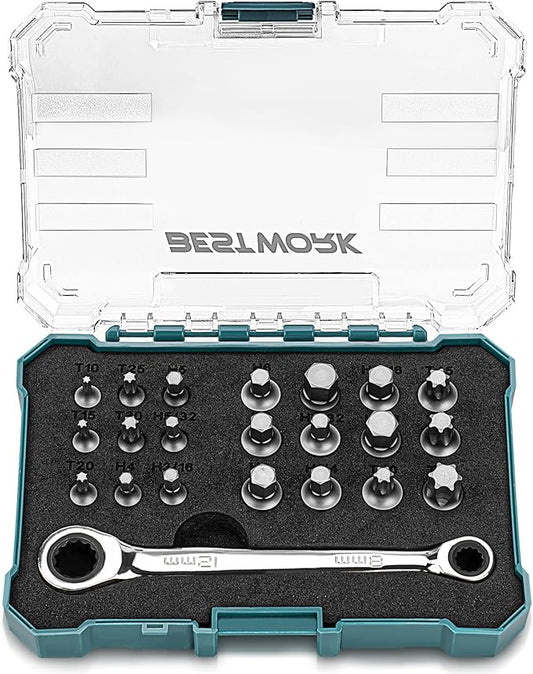 22-Piece Mini Ratchet Wrench Screwdriver Bit Set, 72 Tooth 12mm & 8mm Double Box End Ratcheting Wrench with Low Profile Insert Bits (Hex & Torx) for Tight Space