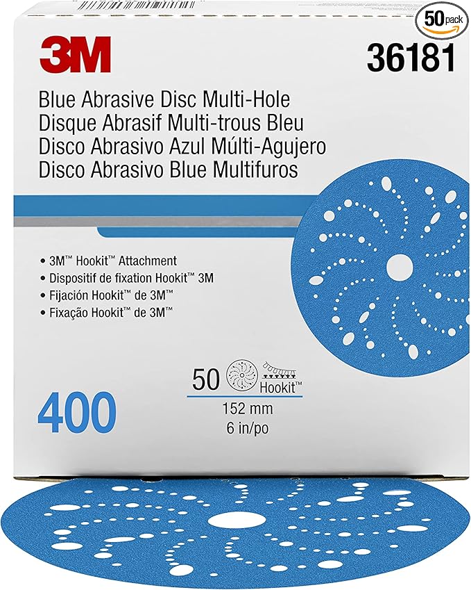 3M Hookit Blue Abrasive Discs 36181, Multi-Hole, 6 in, 400+ Grade, Pack of 50, Virtually Dust-Free, for Auto Sanding, Body Repair, Featheredging, Primer Sanding, Paint Preparation, E-Coat