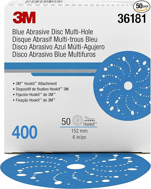 3M Hookit Blue Abrasive Discs 36181, Multi-Hole, 6 in, 400+ Grade, Pack of 50, Virtually Dust-Free, for Auto Sanding, Body Repair, Featheredging, Primer Sanding, Paint Preparation, E-Coat
