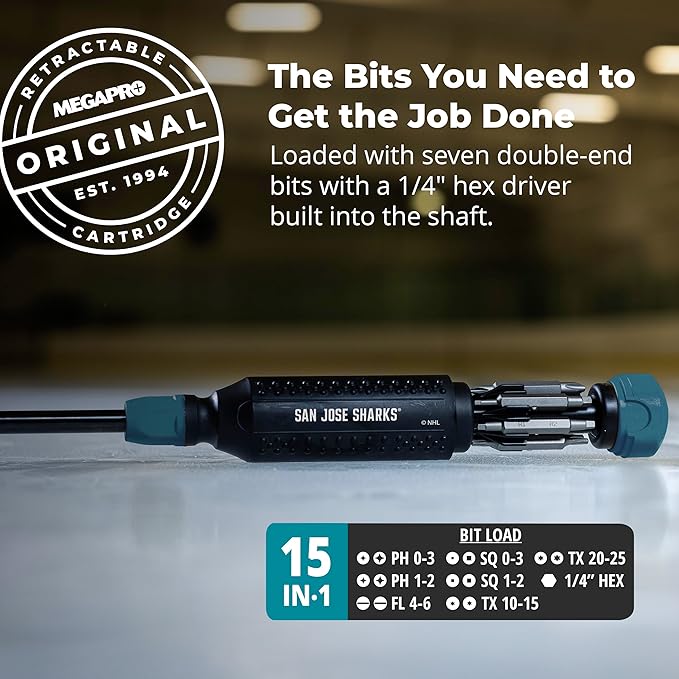 MEGAPRO짰 NHL짰 Team Edition Multi-bit Screwdriver | Officially Licensed NHL짰 Gear | Durable, Ergonomic, Pro-Grade Screwdriver (San Jose Sharks짰)
