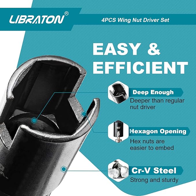 Libraton Wing Nut Driver 4PCS, Wing Nut Driver Bit, 1/4??Hex Shank Wing Nut Driver Set 9mm 12mm 15mm 18mm, Nut Driver Set with EVA Storage for Hook Bolt Installation, Wire Twisting