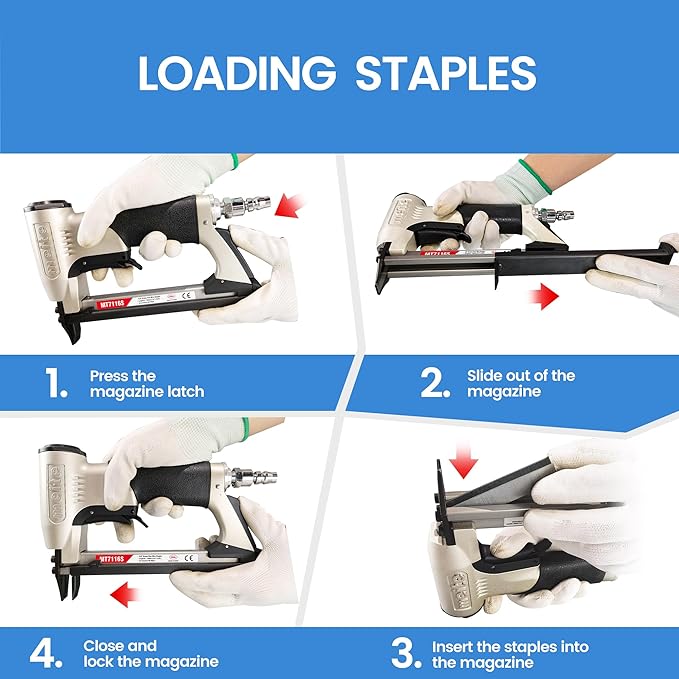meite MT7116S Pneumatic Upholstery Stapler 22 Gauge 71 Series 3/8" Crown Industrial Fine Wire Stapler with Safety
