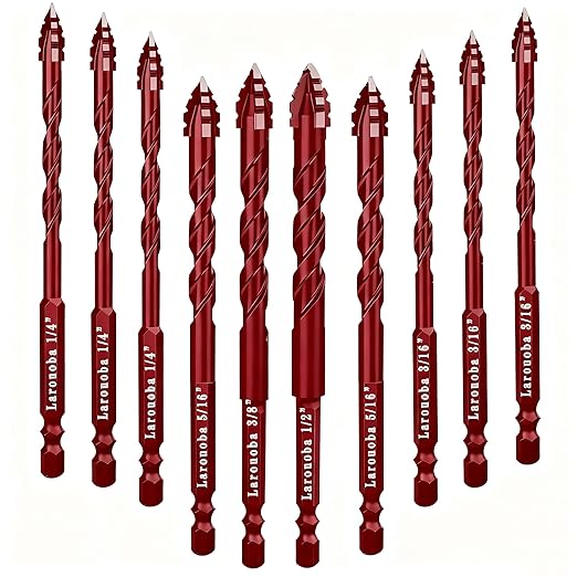 10pc Red Serrated Eccentric Masonry Drill Bit, Serrated Concrete Drill Bit Set for Ceramic Tile Brick Glass Plastic Marble and Wood (3/16??to 1/2??.
