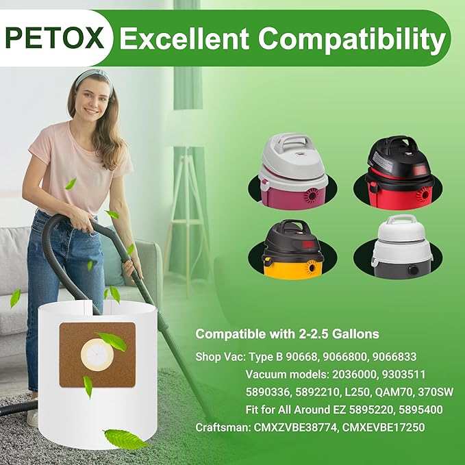 5 Pack Vacuum Bags Replacement for Shop Vac Bags 2-2.5 Gallon Type B 90668 9066800 9066833, All Around EZ QAM70 and CMXZVBE38774, PETOX High-Efficiency Disposable Vaccum Collection Filter Bags