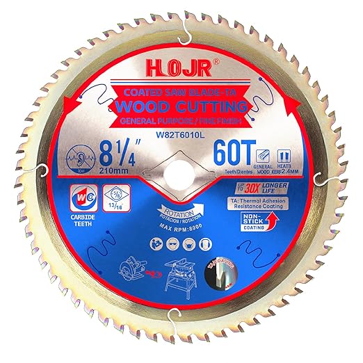 Woodworking Circular Saw Blade,8-1/4" 60-Tooth 5/8" Arbor,Fine Finish/General Purpose, Special Anti-Thermal Adhesion Coating on Cutting Head -TA,High Finish, Long Life,8-1/4" 60T TA