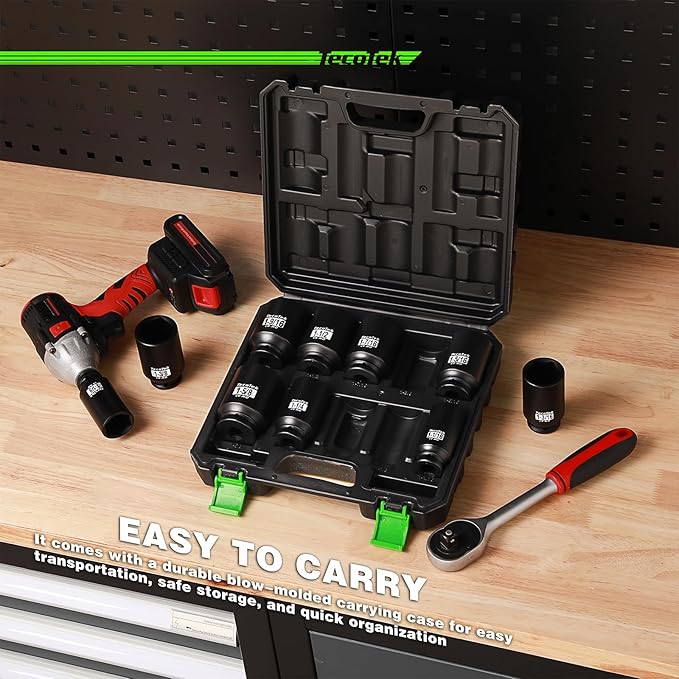 1/2" Drive Deep 6-Point Impact Socket Set, 10-Piece Deep SAE Spindle Axle Nut Impact Socket Set, Cr-Mo, 1-1/16-Inch to 1-5/8-Inch Size, Enhanced Storage Case