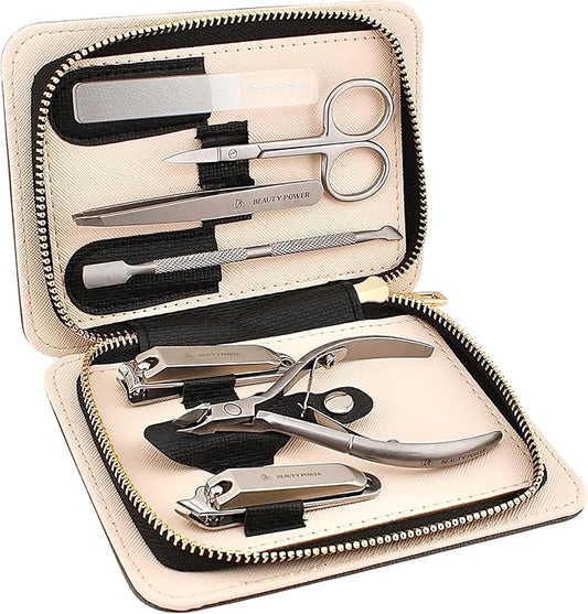 Manicure Pedicure Set 7-in-1 Stainless Steel, Ultra Sharp, Slanted Nail Clipper, Fingernail Clipper, Cuticle Nipper, Glass Nail File, Eyebrow Tweezers, Scissors, Case ??Gift (Matte Gray)