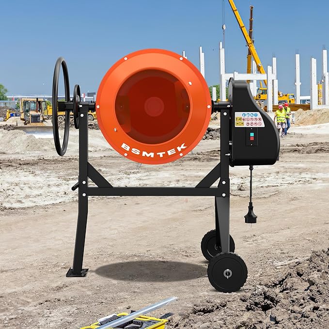 Electric Concrete Mixer, 4.3 Cubic Ft, 3/5HP. 450W Portable Concrete Mixer Machine with Stand & Wheels for Stucco, Mortar, Seeds, Orange-2026 Upgraded