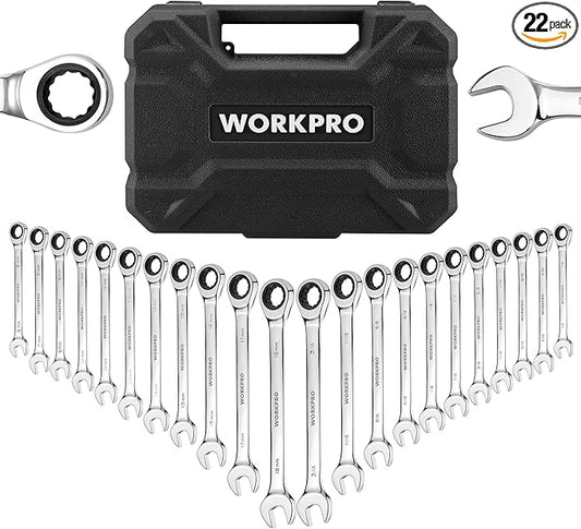 WORKPRO 22-Piece Ratcheting Combination Wrench Set, 72 Teeth, Combo Ratchet Wrenches Set with Organizer Box, Metric 6-18mm & SAE 1/4-3/4"
