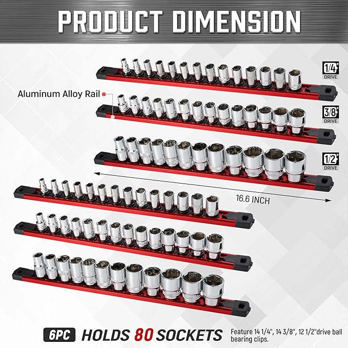 ALOANES 6-Piece Magnetic Socket Organizer, Heavy Duty Aluminum Socket Rails Organizer, 360째 Swivel Clips Socket Holder Kit for Tool Box, 1/2, 3/8, 1/4-Inch Socket Holder x 80 Clips (Red)