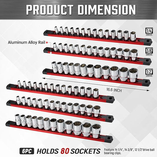 ALOANES 6-Piece Magnetic Socket Organizer, Heavy Duty Aluminum Socket Rails Organizer, 360째 Swivel Clips Socket Holder Kit for Tool Box, 1/2, 3/8, 1/4-Inch Socket Holder x 80 Clips (Red)