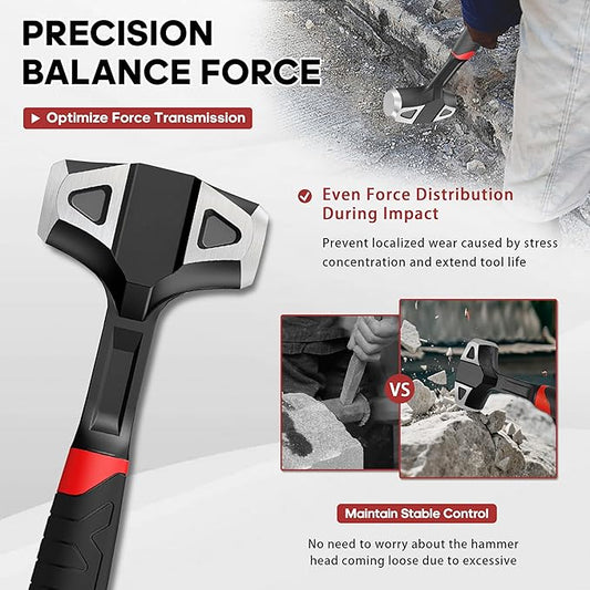 YIYITOOLS 3lb Hard Face Sledge Hammer, Heavy Duty One-Piece Forged Carbon Steel, 3-Pound Strike Drilling/Crack Hammer with Anti-Vibration Rubber Grip for Rock, Demolition & General Construction