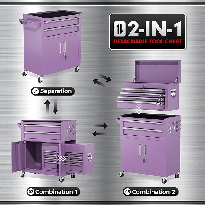 INTERGREAT 8 Drawers Tool Chest, 42'' Large Rolling Tool Chest with Drawers, Detachable Top Tool Box, Tool Cabinet for Repair Room,Warehouse, Rolling Tool Box with Hooks,Tray Divider,Liners(Purple)