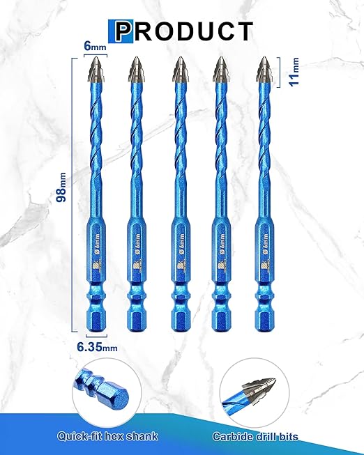 Serrated Carbide Masonry Drill Bit Set 1/4"*5 - Wood Drill Bits for Wood/Plastic/Masonry/Ceramic Tile Hex Shank Drills