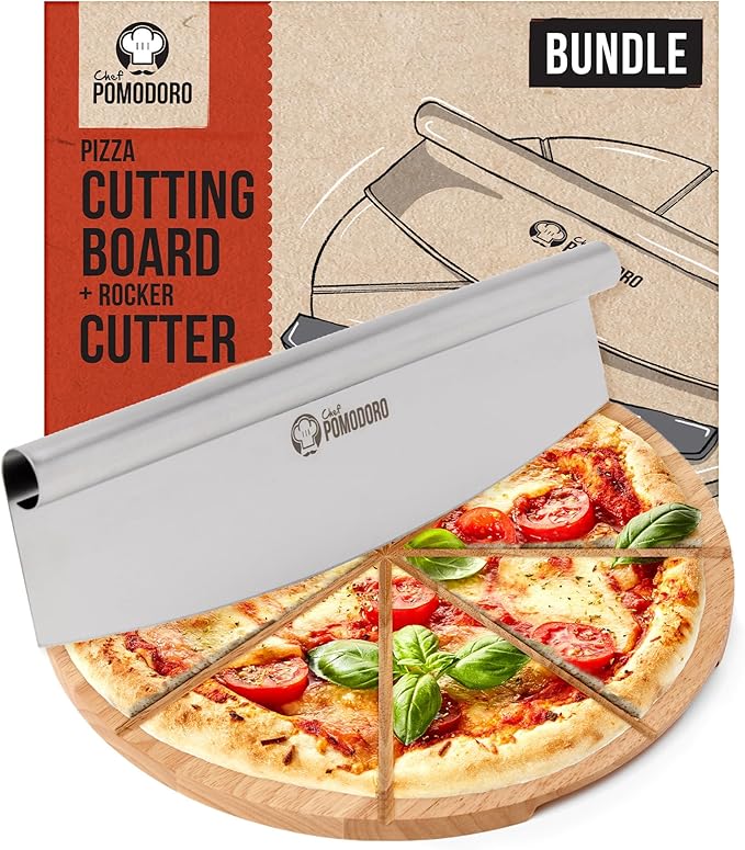 Chef Pomodoro 14" Pizza Cutter Rocker Blade and Pizza Cutting Board Set ??Premium Stainless Steel Pizza Slicer with Wooden Pizza Serving Board ??Pizza Wooden Board with Pizza Cutting Guide